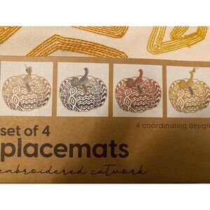 From the Hearth Set of 4 Pumpkin Fall Thanksgiving Placemats Embroidered Chevron
